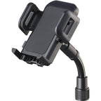 K&M 19762 Smartphone Holder attached to a microphone stand, adjustable clamp for holding smartphones securely during performances or recordings.