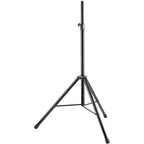 K&M 21436 PA speaker stands set up with adjustable height and sturdy black metal construction for professional audio setup.