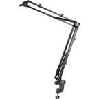 K&M 23840 microphone desk arm, hero full view with desk clamp