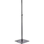 K&M 24650 PA speaker stands set up with adjustable height and sturdy metal construction for professional audio support.