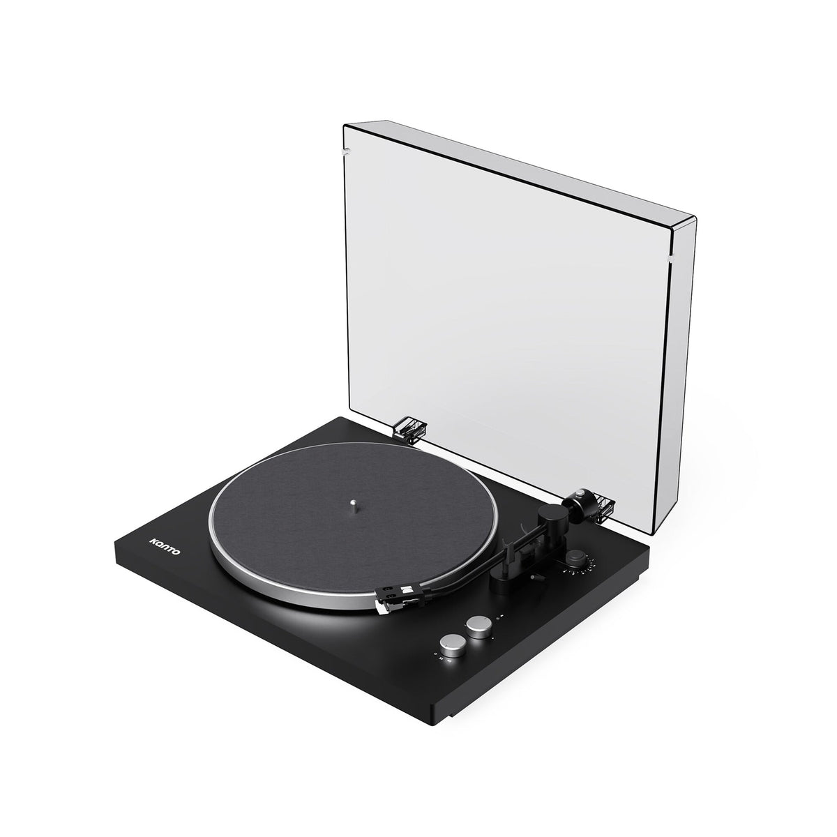 Kanto Audio OBI3 Gen 2 turntable, Black, angled view with dustcover open