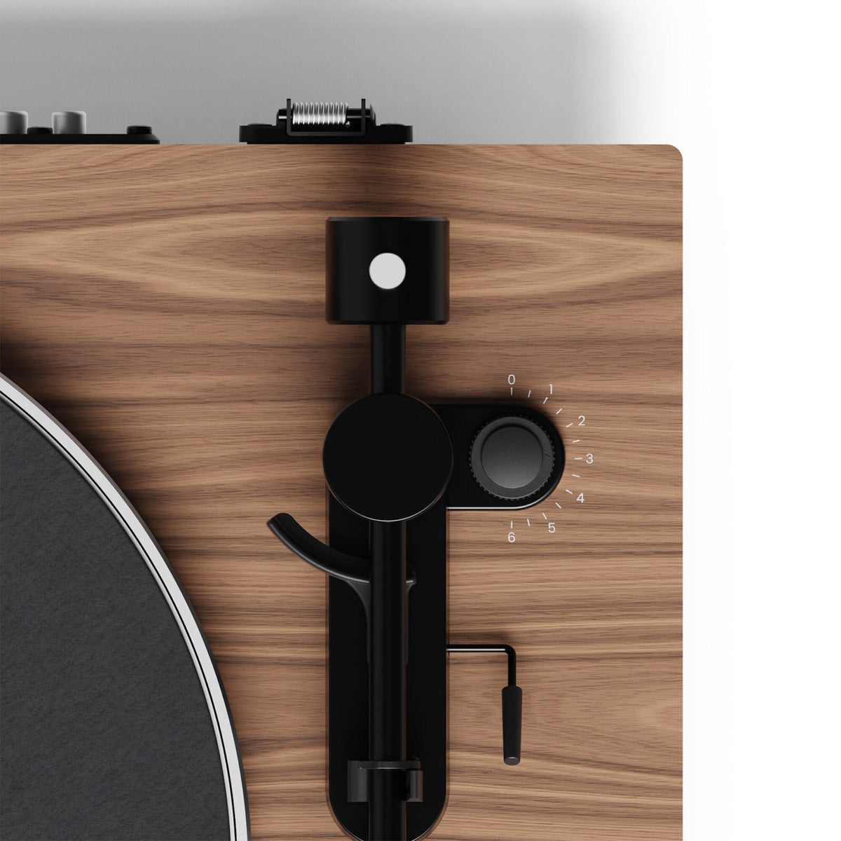 Kanto Audio OBI3 Gen 2 turntable, Walnut, top view, tonearm and speed controls