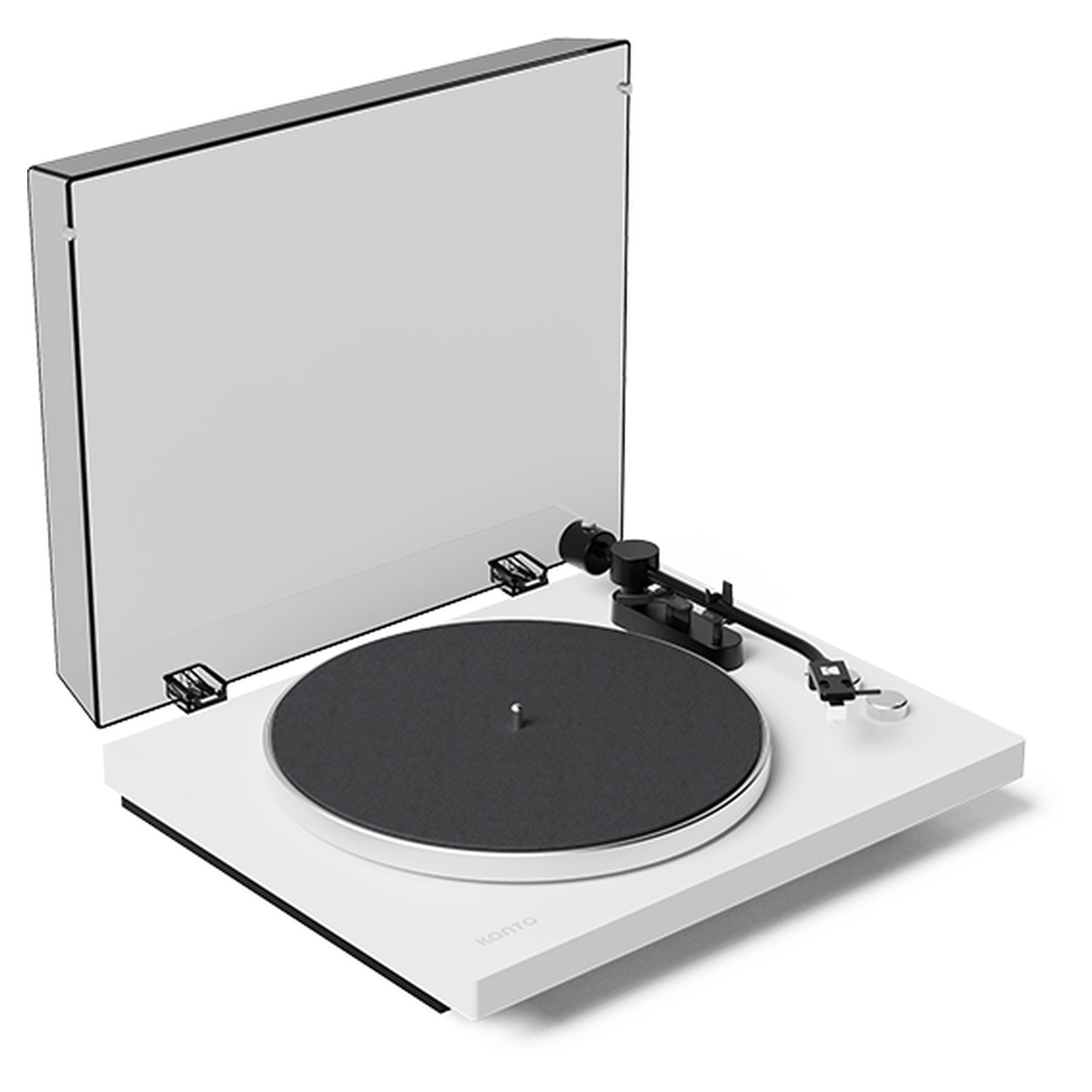 Kanto Audio OBI3 Gen 2 turntable, White, angled view with dustcover open