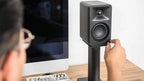 Kanto Audio Ora desktop speakers, lifestyle setup in black