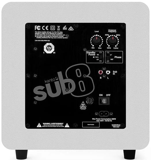 Kanto Audio SUB8V subwoofer in black, rear view