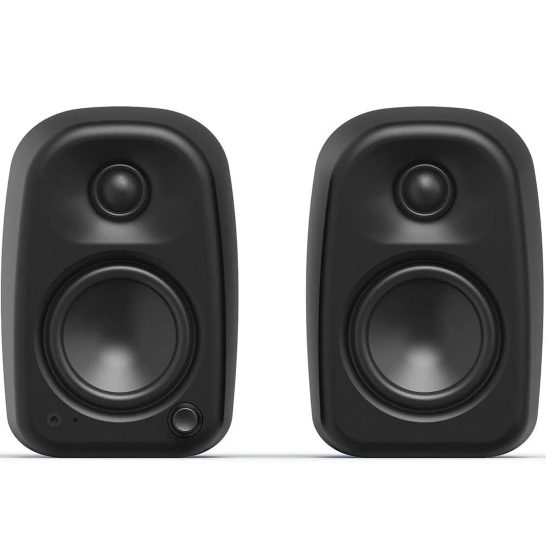 Kanto Audio UKI desktop speakers with Bluetooth, active bookshelf design, showcasing sleek black finish and compact size.