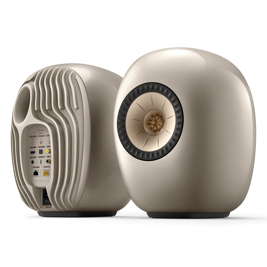 KEF LS Luxe wireless speakers in Dusk Titanium, front and rear view of the pair
