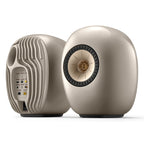 KEF LS Luxe wireless speakers in Dusk Titanium, front and rear view of the pair