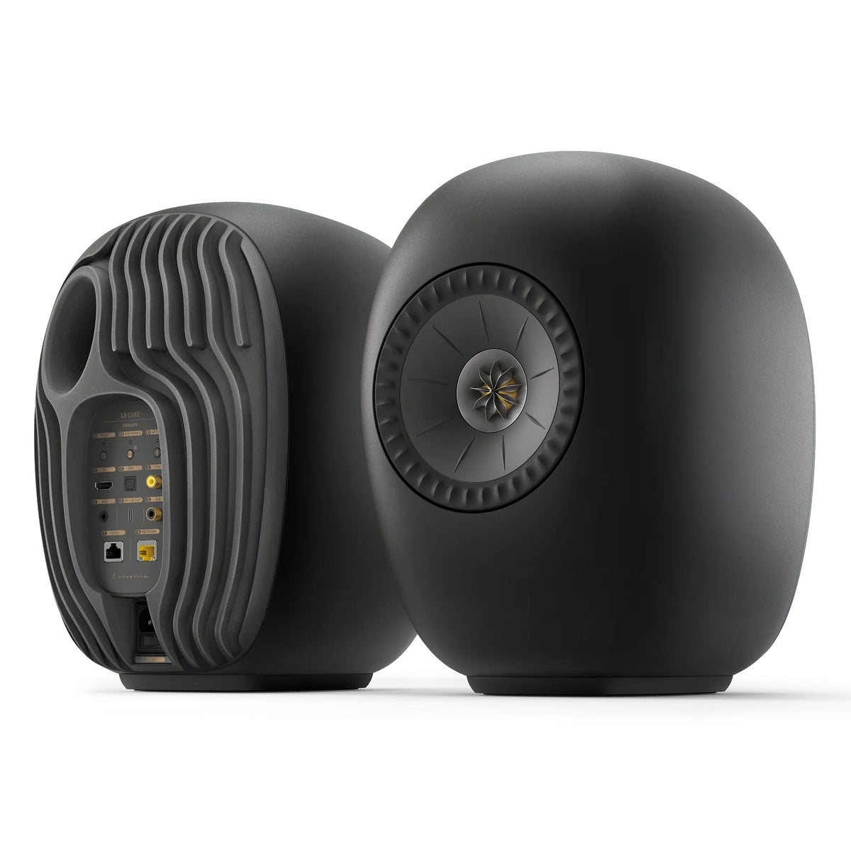 KEF LS Luxe wireless speakers in Eclipse Black, front and rear view of the pair