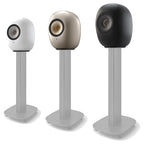 KEF LS Luxe in three finishes mounted on matching S-Luxe floor stands