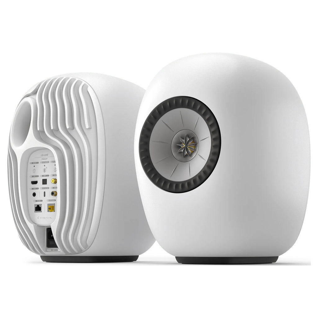 KEF LS Luxe wireless speakers in Mineral White, front and rear view of the pair