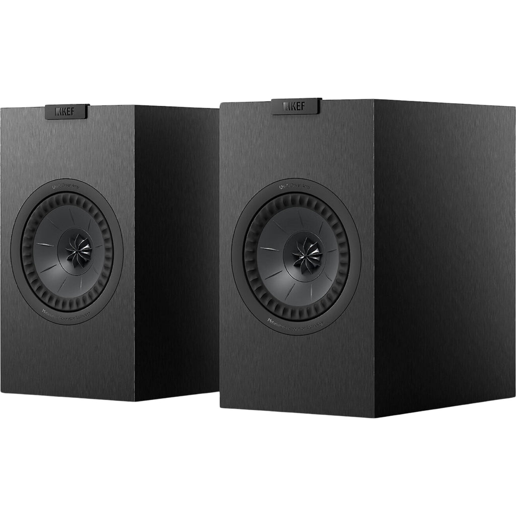 Pair of KEF Q1 Meta passive bookshelf speakers with sleek black cabinets and front-facing drivers on a white background.