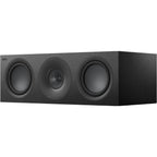 KEF Q6 Meta center speaker showing a sleek black speaker with a minimalist design and KEF branding on the front grille.