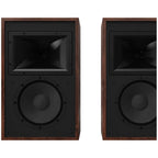 Klipsch Rebellion pair without grilles showing horn-loaded design