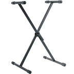 K&M 18933 keyboard stand supporting electronic keyboard with adjustable height and sturdy metal construction.