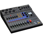 Zoom LiveTrak L-8 digital mixer with multiple input channels, knobs, and controls for professional audio mixing.