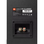 JBL L52 Classic passive bookshelf speakers showing binding posts and front grille on a wooden stand.