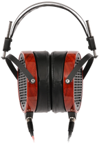 Audeze LCD-2 leather-free wired headphones shown from the front with large ear cups and sleek black design.