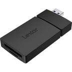 Lexar microSD and SD card reader with USB-A and USB-C connectors, compact device for easy data transfer and card access.