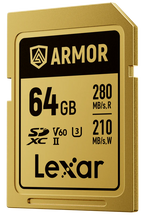 Lexar SDXC ARMOR Gold UHS-II U3, Stainless Steel, IP68 R280/W210 (V60) Memory Card, detail view.