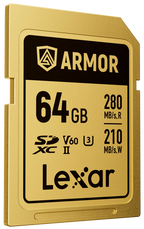 Lexar SDXC ARMOR Gold UHS-II U3, Stainless Steel, IP68 R280/W210 (V60) Memory Card, detail view.