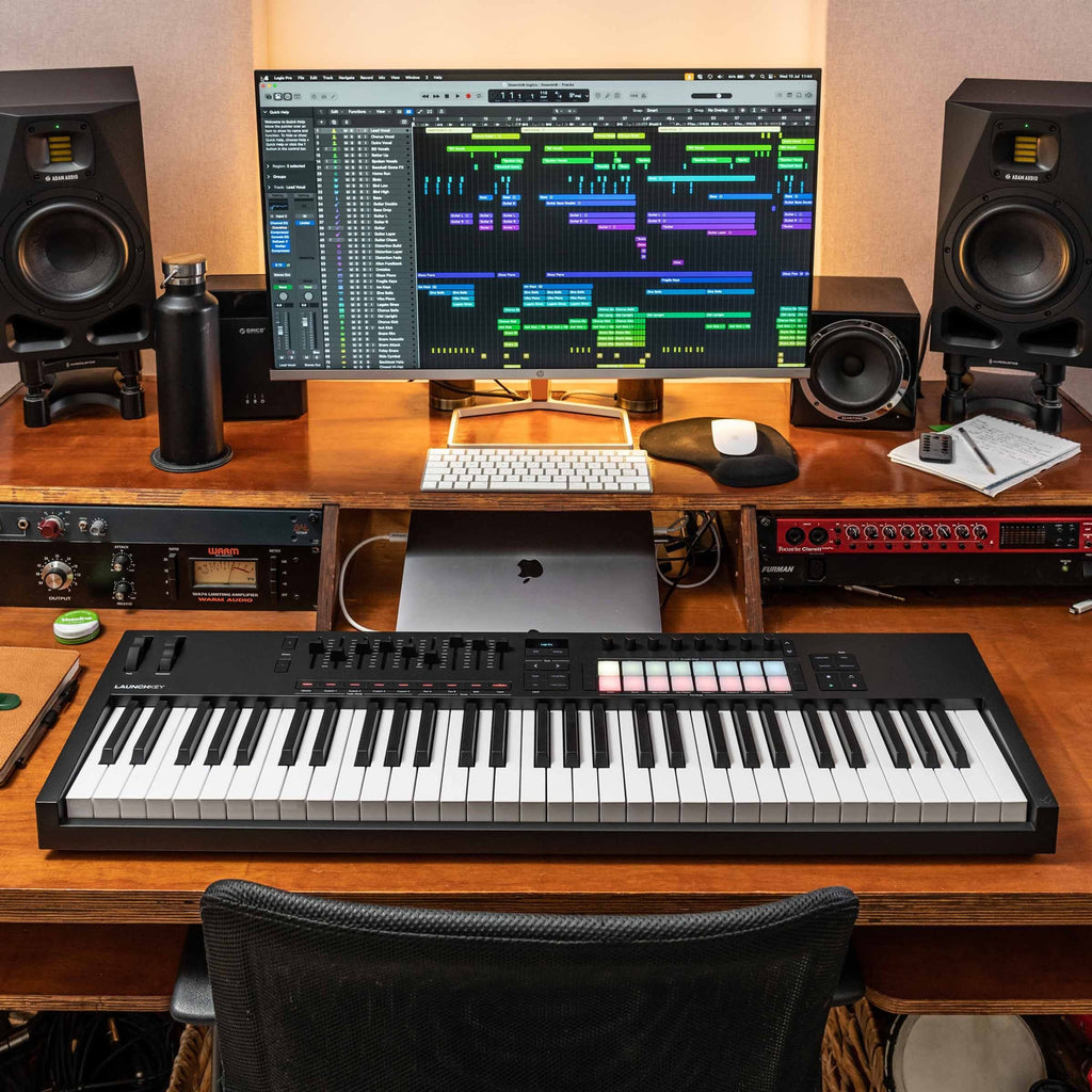 Novation Launchkey 61 MK4 MIDI keyboard with 61 keys, control knobs, and pads for music production and performance.