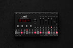 Erica Synths LXR-02 Drum Synthesizer showing its interface and controls on a dark background.