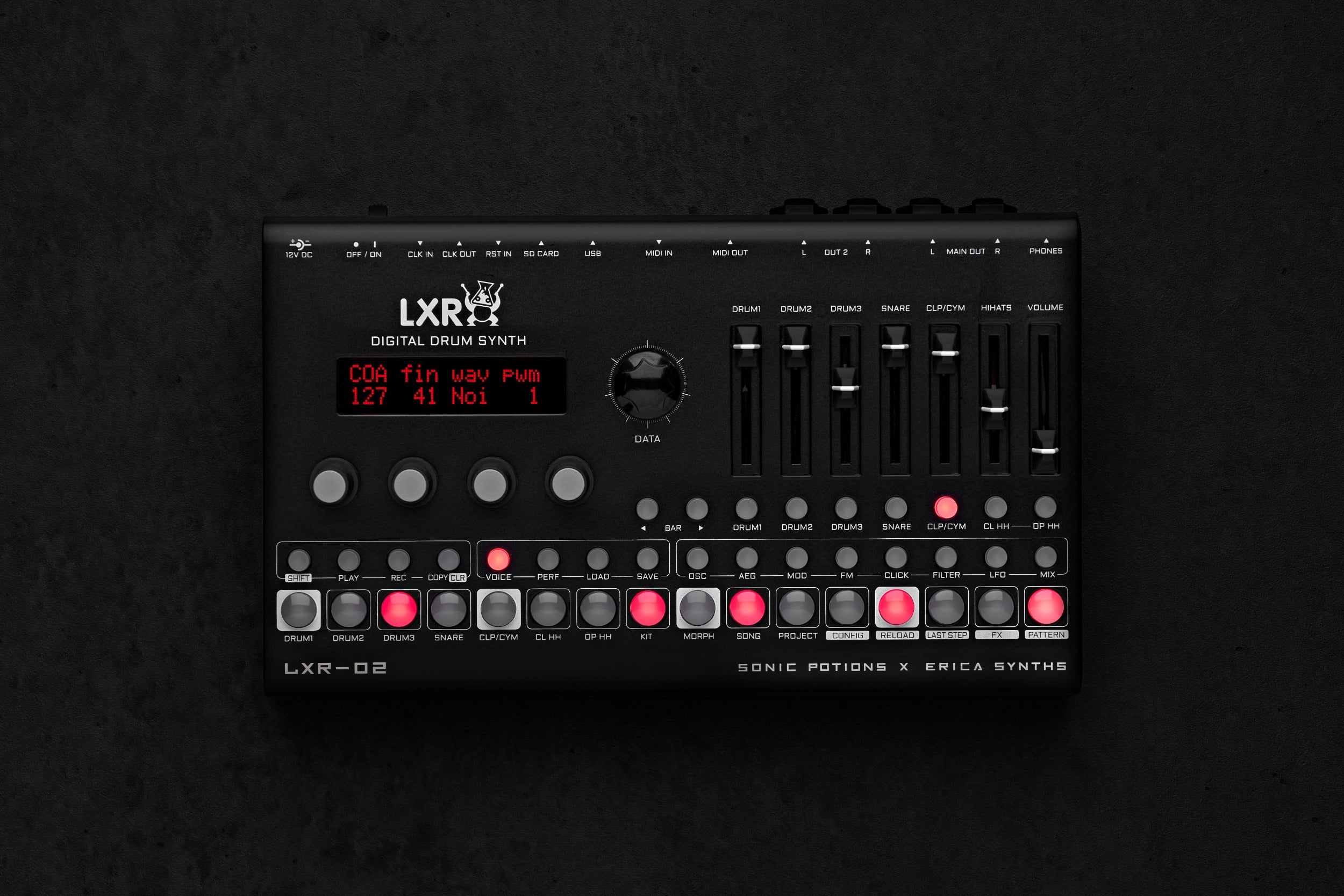 Erica Synths LXR-02 Drum Synthesizer showing its interface and controls on a dark background.