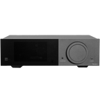 Lyngdorf TDAI-2210 stereo amplifier with RoomPerfect technology, showcasing its sleek front panel and control knobs.
