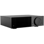 Lyngdorf TDAI-2210 stereo amplifier with RoomPerfect calibration, sleek black finish, and digital controls for high-quality audio.