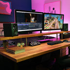 Mackie CR3.5BT desktop speakers, black, desktop setup.