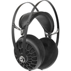 Close-up of Meze Audio 105 AER wired headphones with cushioned ear cups and sleek black design.
