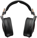 Close-up of Meze Audio Liric wired headphones showing sleek black ear cups and headband with silver accents.