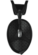 Meze Audio Empyrean II wired headphones with plush ear cushions and sleek black design, shown from a side angle.