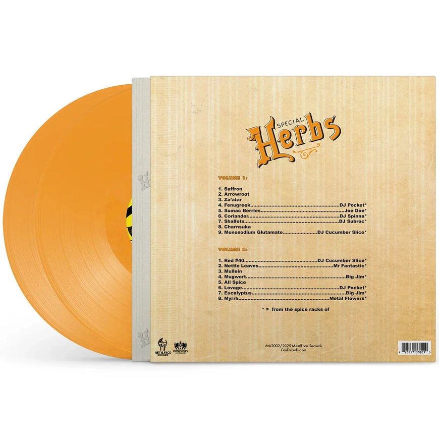 Yellow vinyl record of MF Doom's Metal Fingers Presents: Special Herbs Vol. 1 & 2, hip-hop album by Rhymesayers Entertainment.