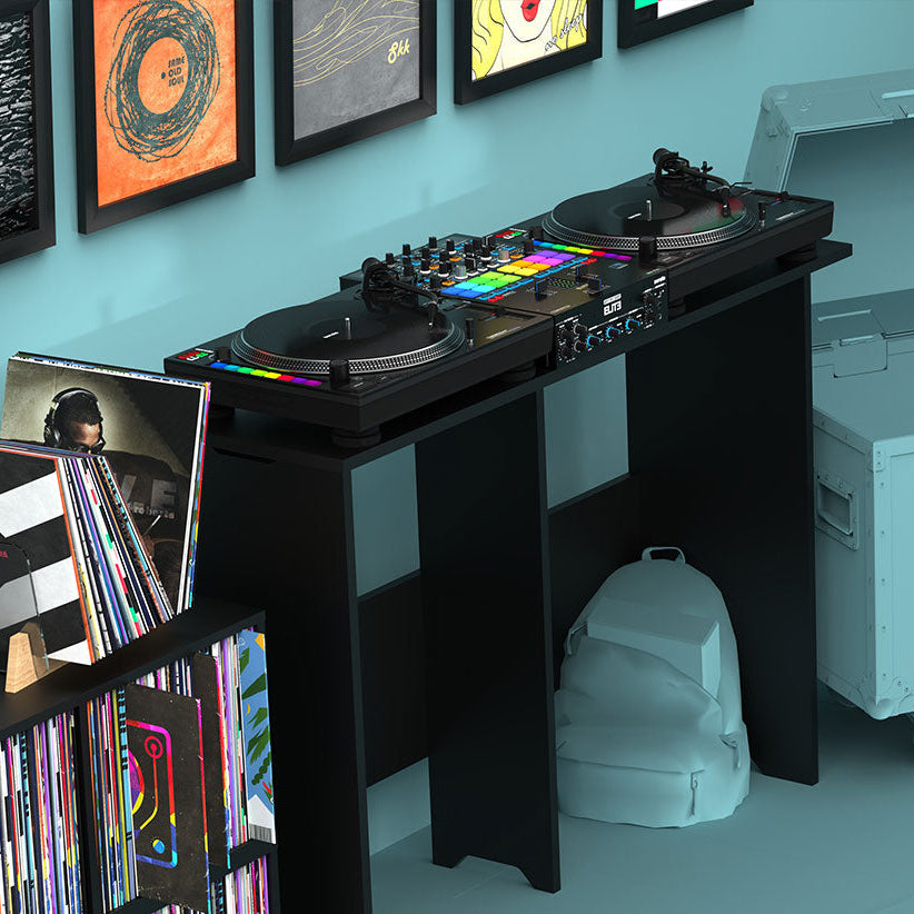 Glorious Mix Station 2 DJ table with workspace and storage compartments for professional DJ setup and equipment.