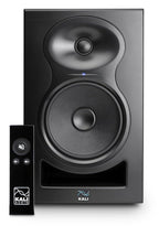 Kali Audio MM-6 active nearfield monitors with remote control, shown from the front view, highlighting sleek black design and control panel.