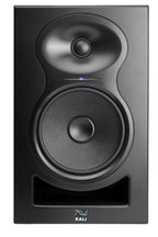 Front view of Kali Audio MM-6 active nearfield monitors showing black speaker cabinets with silver accents
