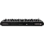 Modal Electronics Carbon8 keyboard synthesizer with black and gray control panel, display screen, and various knobs and buttons.