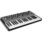 Modal Electronics Carbon8 keyboard synthesizer showing the top, front, and left side with its control panel and display.