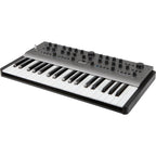 Modal Electronics Carbon8 keyboard synthesizer with a sleek black front panel, showing control knobs and digital display.