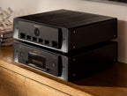 Marantz MODEL 50 stereo amplifier with sleek design and control knobs, displayed in a collage-style image.