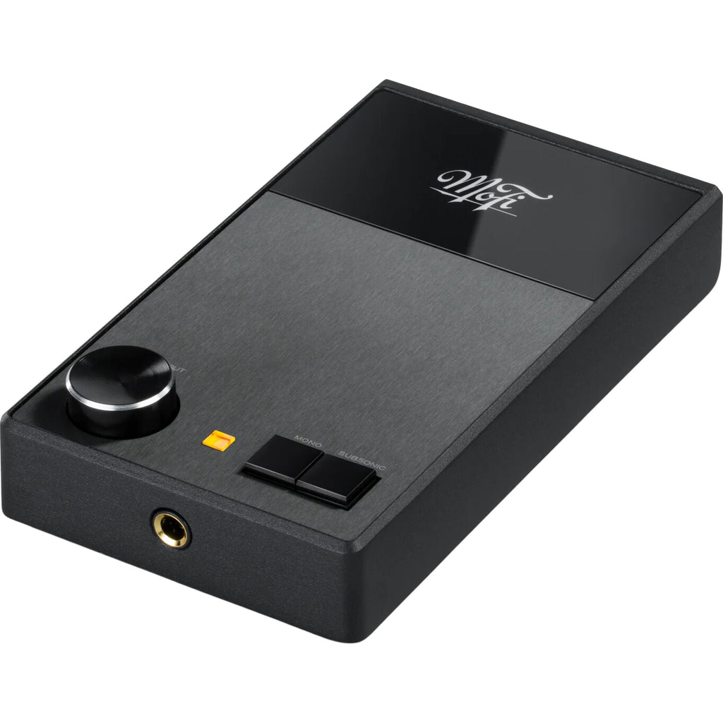 MoFi Electronics UltraPhono phono preamp shown with sleek design and control knobs for high-quality vinyl record audio.