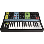 Moog Grandmother analog synthesizer with wooden sides, knobs, and patchbay, showcasing its vintage-inspired design and controls.