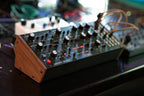 Moog Labyrinth synthesizer with various knobs and controls, showcasing Moog's signature analog design and interface.