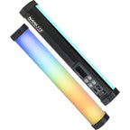 Nanlite PavoTube II 6XR LED RGBWW pixel tube light showing colorful, flexible light sticks with adjustable brightness and color effects.