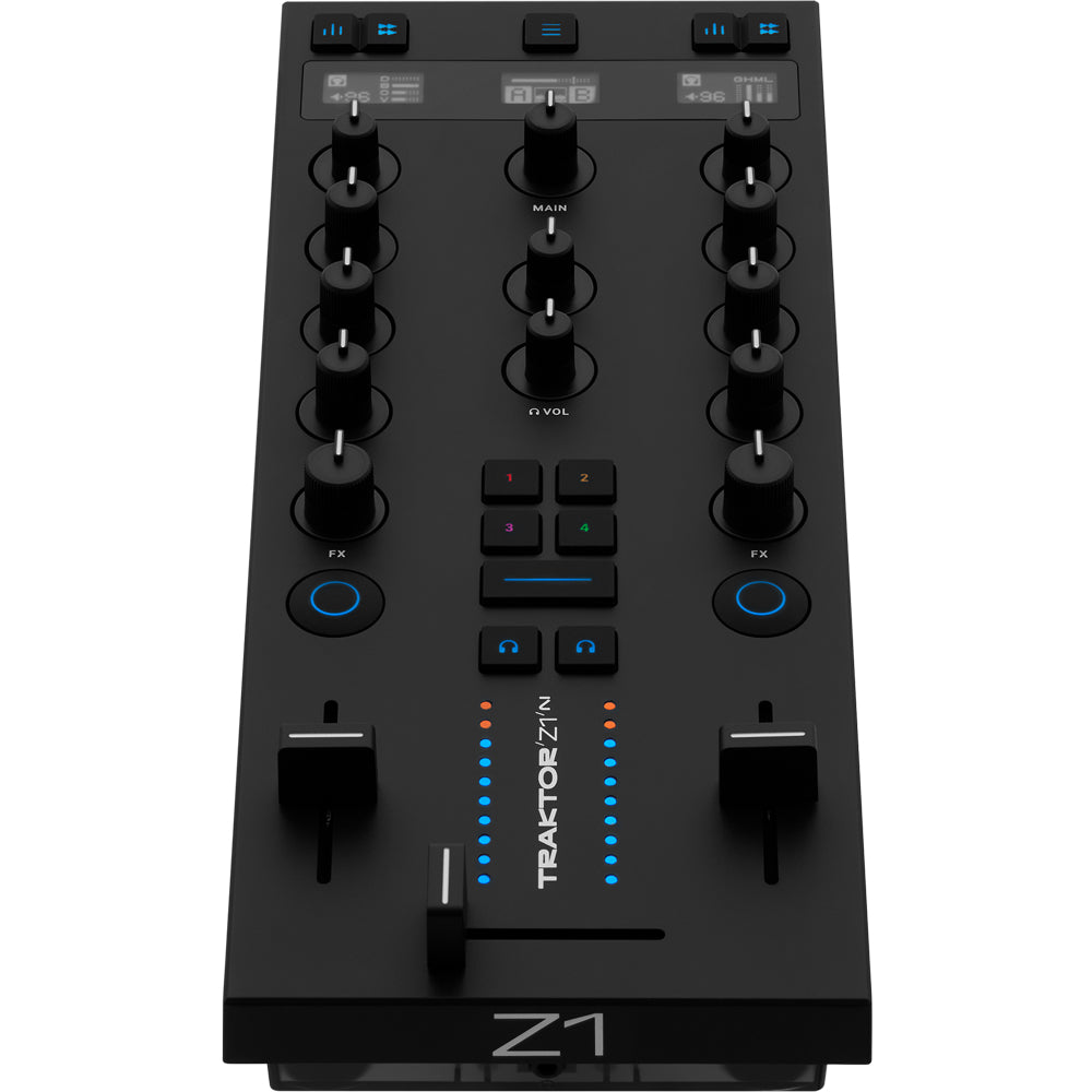 Native Instruments Traktor Z1 MK2 DJ controller, top view of controls and faders.