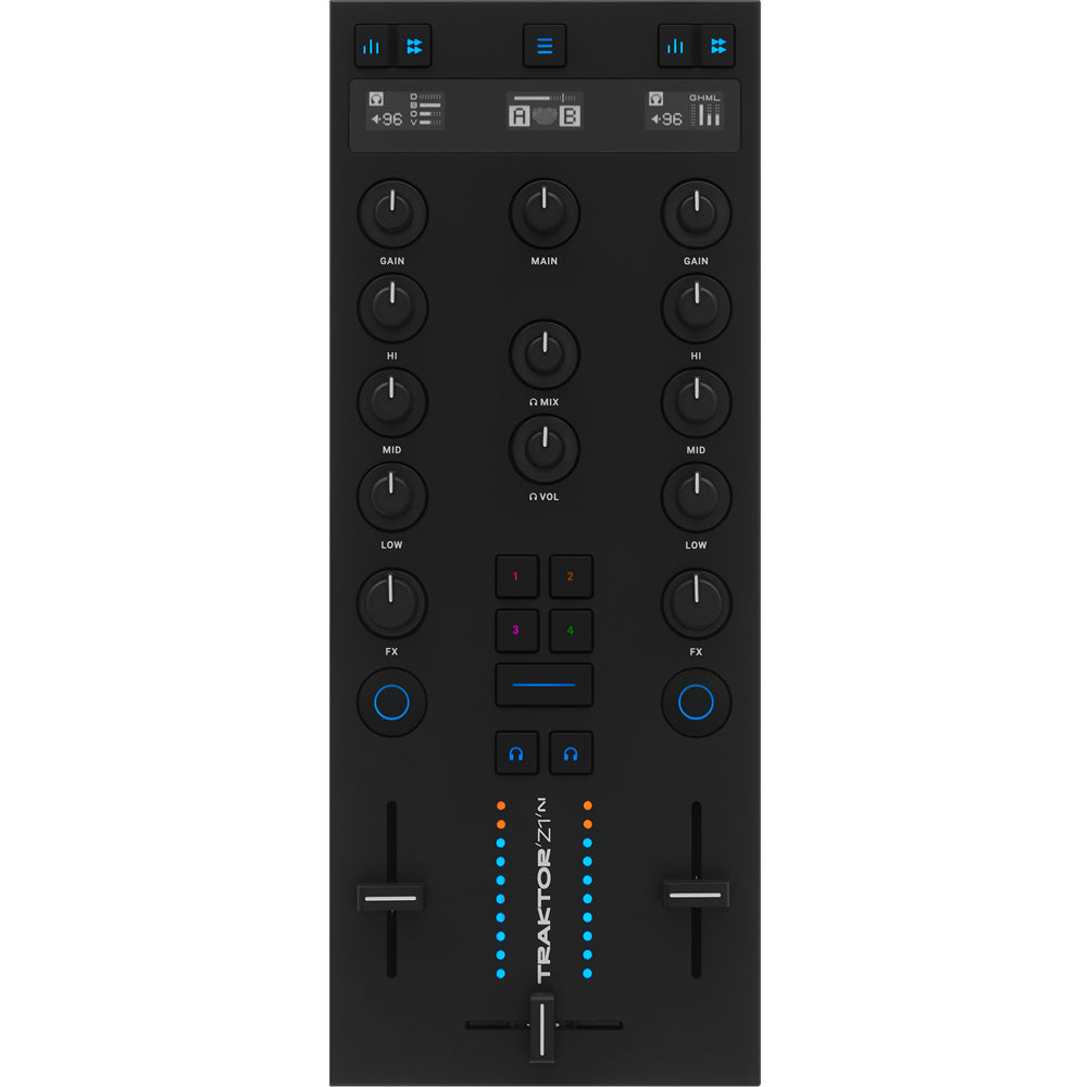 Native Instruments Traktor Z1 MK2 DJ controller, top view of mixer controls.