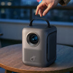 Nebula P1i projector displaying a vibrant movie scene on a wall in a modern living room setting.