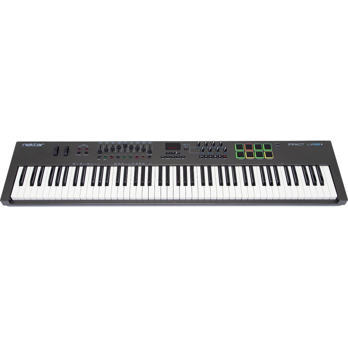 Nektar Impact LX88+ MIDI keyboard with 88 keys, control knobs, and buttons for music production.